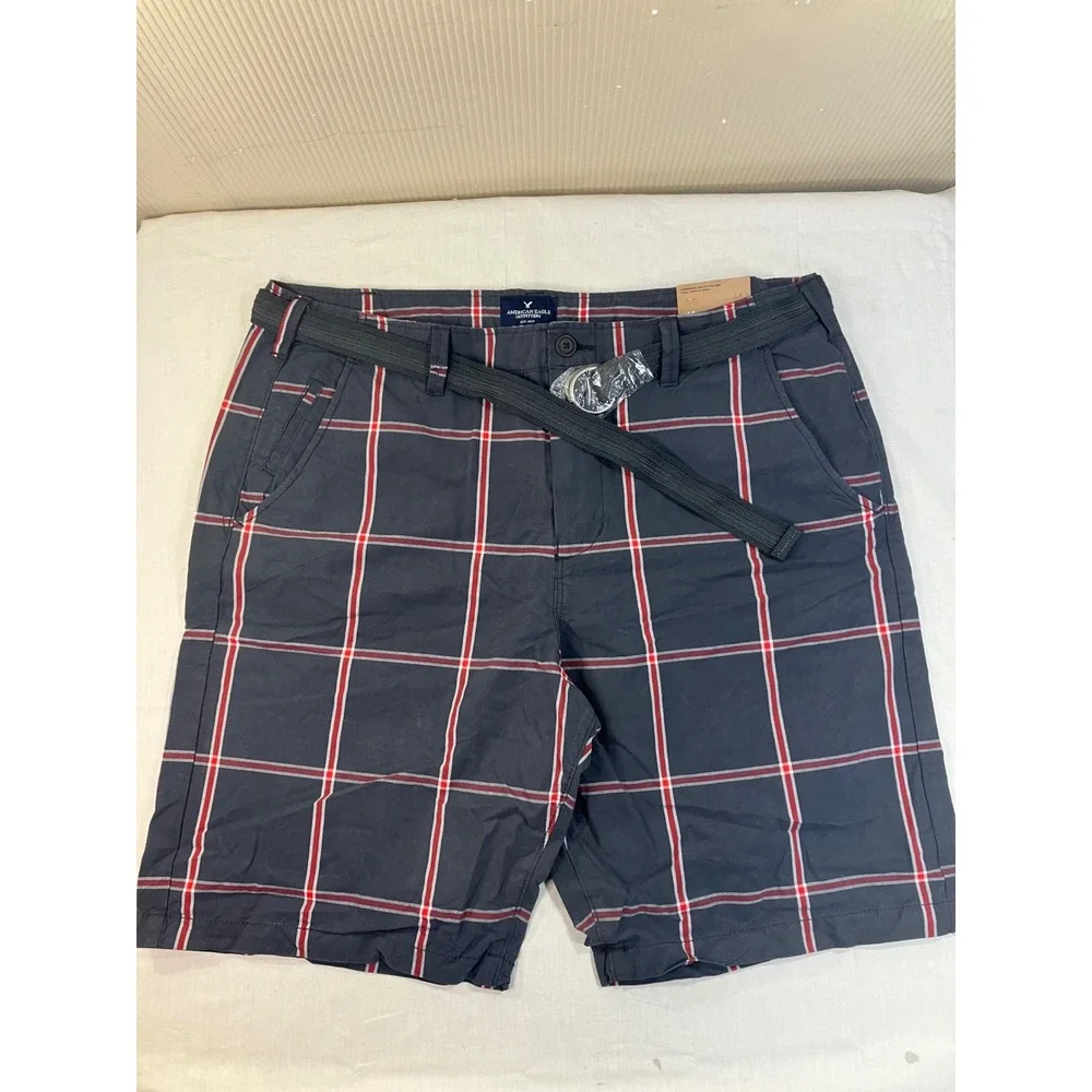 American Eagle Longboard‎ Plaid Shorts Mens 42 Navy Blue Red Belted New NWT